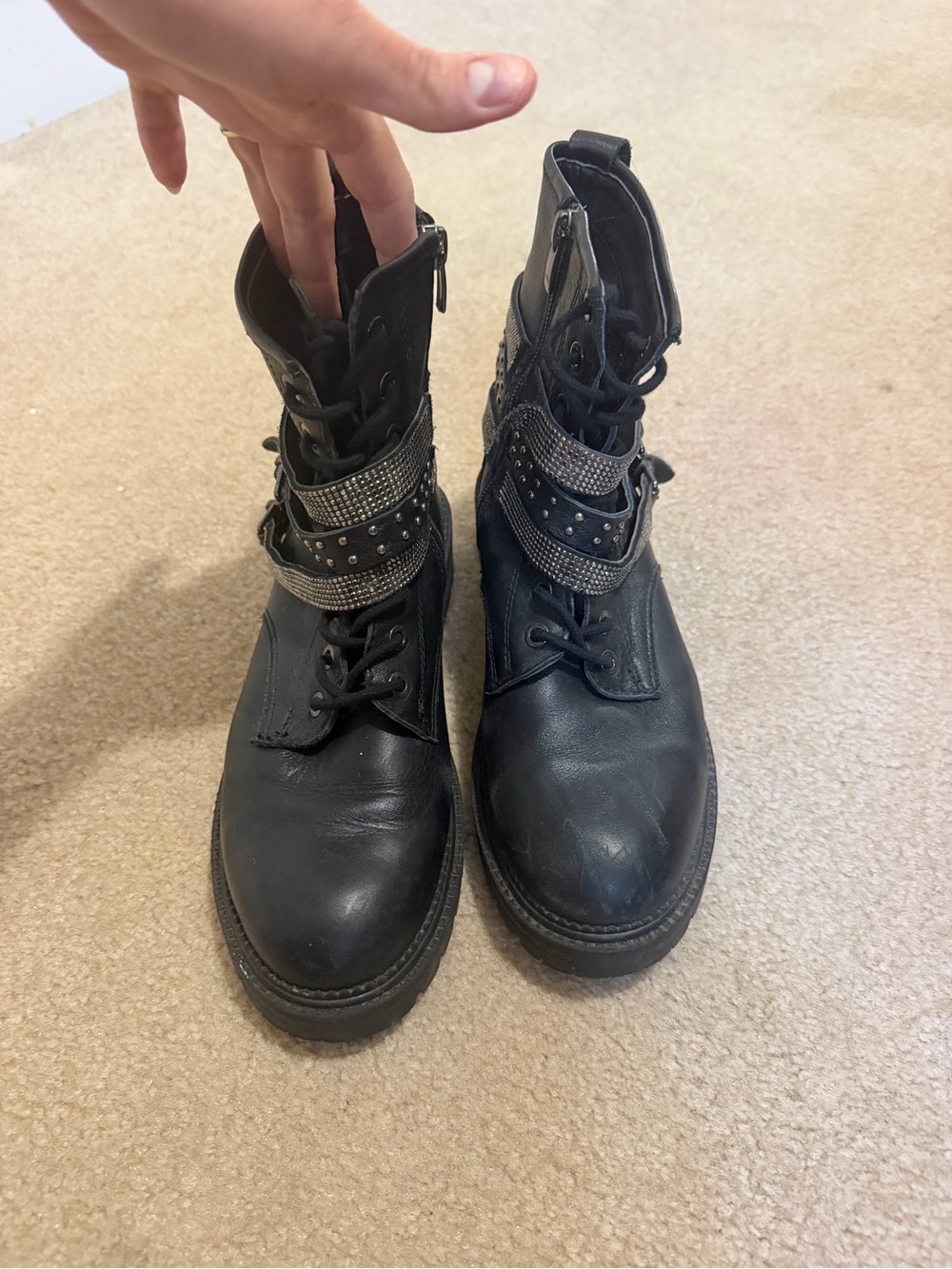 Steve Madden Black Strap Lace-Up Boots with a zipper